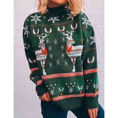 Green Christma Tree Deer Snowflake Print Knit Pullover TQK271415-9
