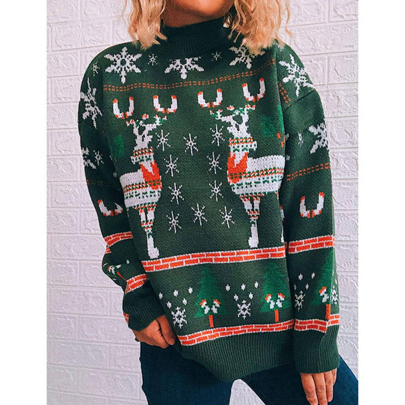 Green Christma Tree Deer Snowflake Print Knit Pullover TQK271415-9