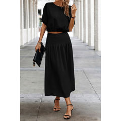Black Pleated Crop Top with Skirt Set TQX711094-2
