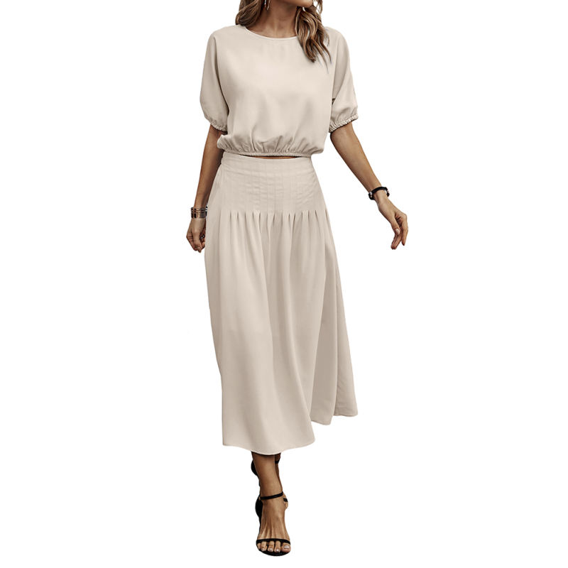 Apricot Pleated Crop Top with Skirt Set TQX711094-18