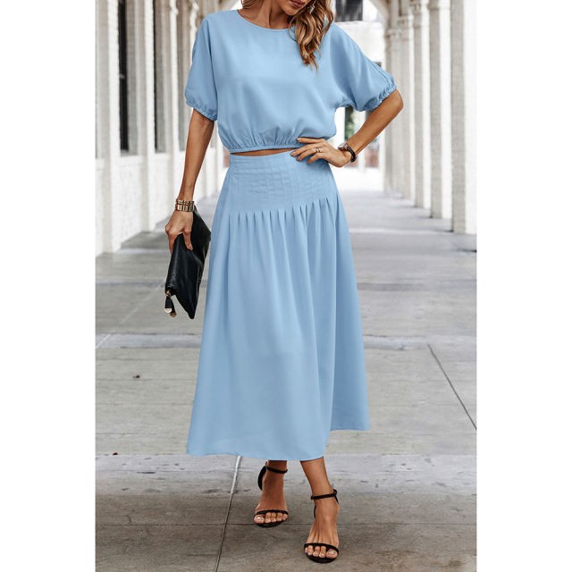 Light Blue Pleated Crop Top with Skirt Set TQX711094-30