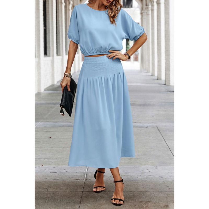 Light Blue Pleated Crop Top with Skirt Set TQX711094-30