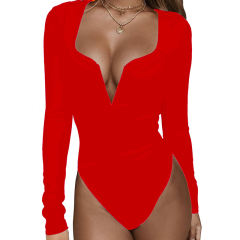 Red Deep V Long Sleeve Bodysuit TQK550156-3
