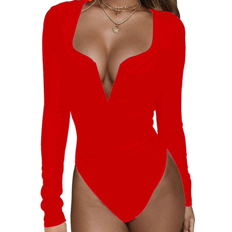 Red Deep V Long Sleeve Bodysuit TQK550156-3