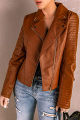 Brown Ribbed Seam Detail Faux Leather Zipped Motorcycle Jacket LC8512444-17