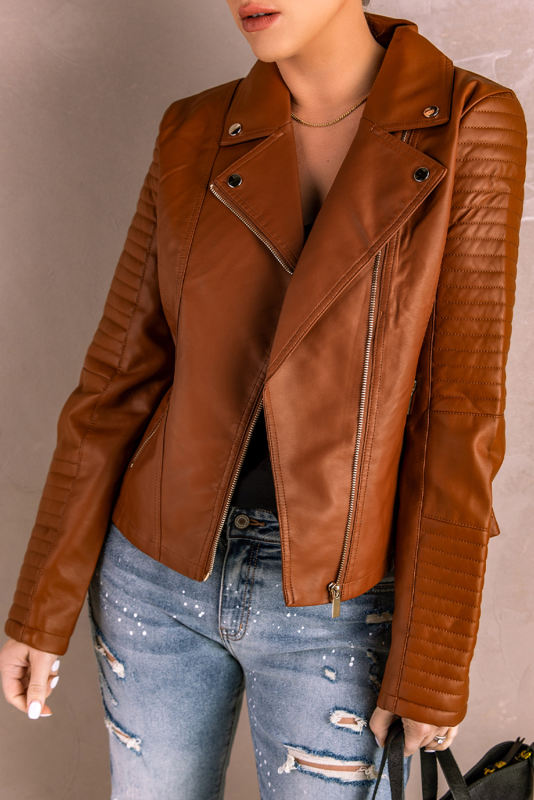 Brown Ribbed Seam Detail Faux Leather Zipped Motorcycle Jacket LC8512444-17