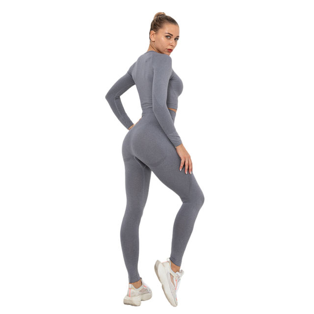 Gray Seamless Long Sleeve Yoga Sports Set TQE00135-11