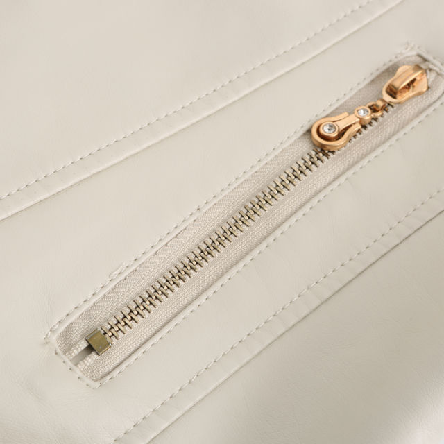 Beige Stand Collar Zipper Detail PU Leather Jacket TQK280094-46
