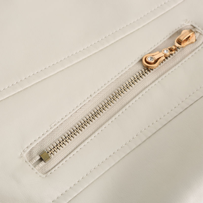 Beige Stand Collar Zipper Detail PU Leather Jacket TQK280094-46