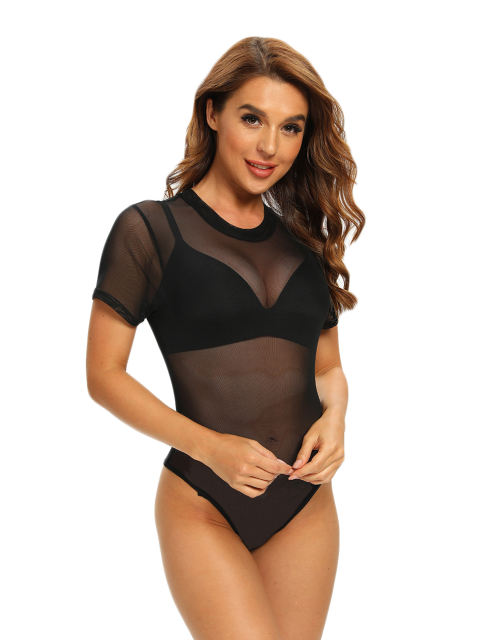Black Short Sleeve Sheer Mesh Bodysuit TQF00004-2