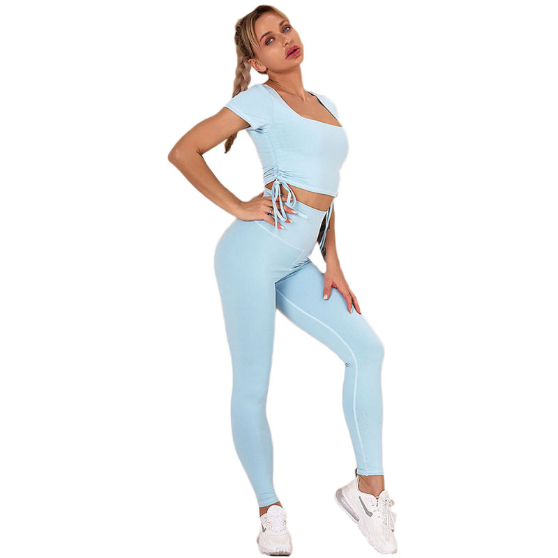 Light Blue Sides Drawstring Short Sleeve Yoga Pant Set TQK710243-30