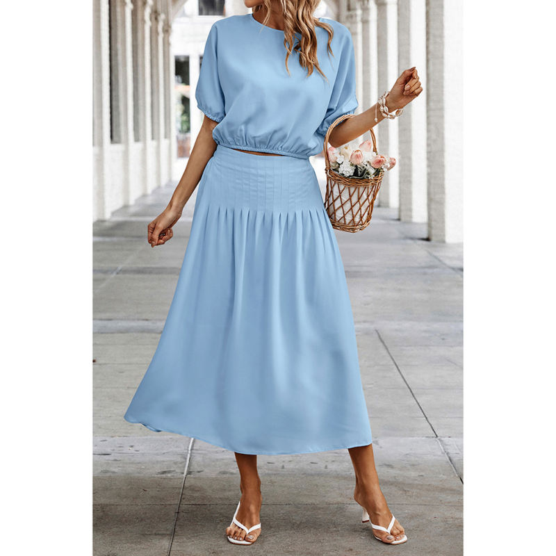 Light Blue Pleated Crop Top with Skirt Set TQX711094-30