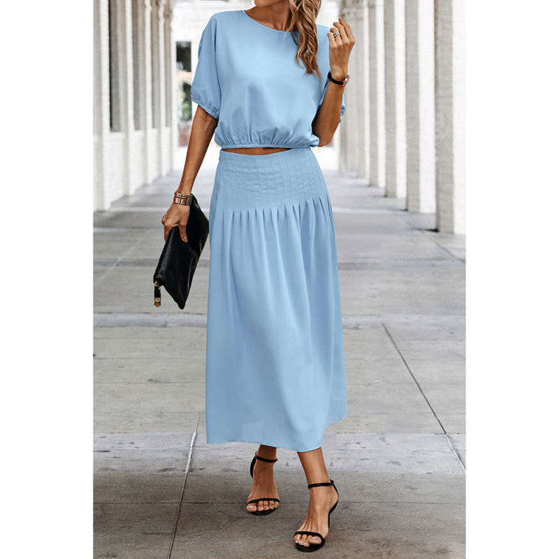 Light Blue Pleated Crop Top with Skirt Set TQX711094-30