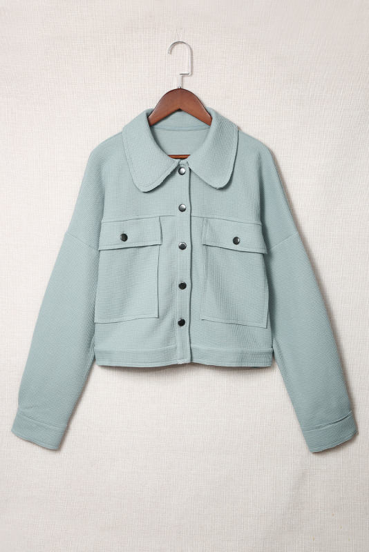 Sky Blue Waffle Knit Buttons Cropped Jacket with Pockets  LC8512529-4