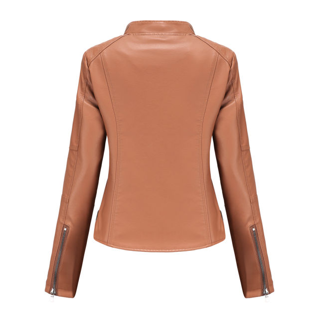 Camel Slim Fit Stand Collar PU Motorcycle Jacket TQK280091-58