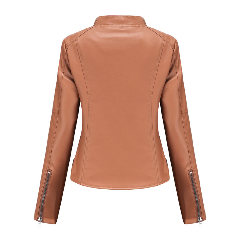 Camel Slim Fit Stand Collar PU Motorcycle Jacket TQK280091-58