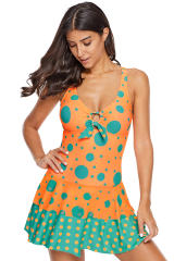 Orange Blue Polka Dot Print One-Piece Swim Dress