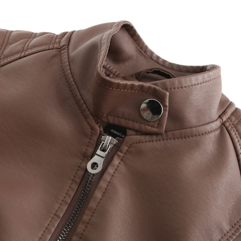 Coffee Slim Fit Stand Collar PU Motorcycle Jacket TQK280091-15