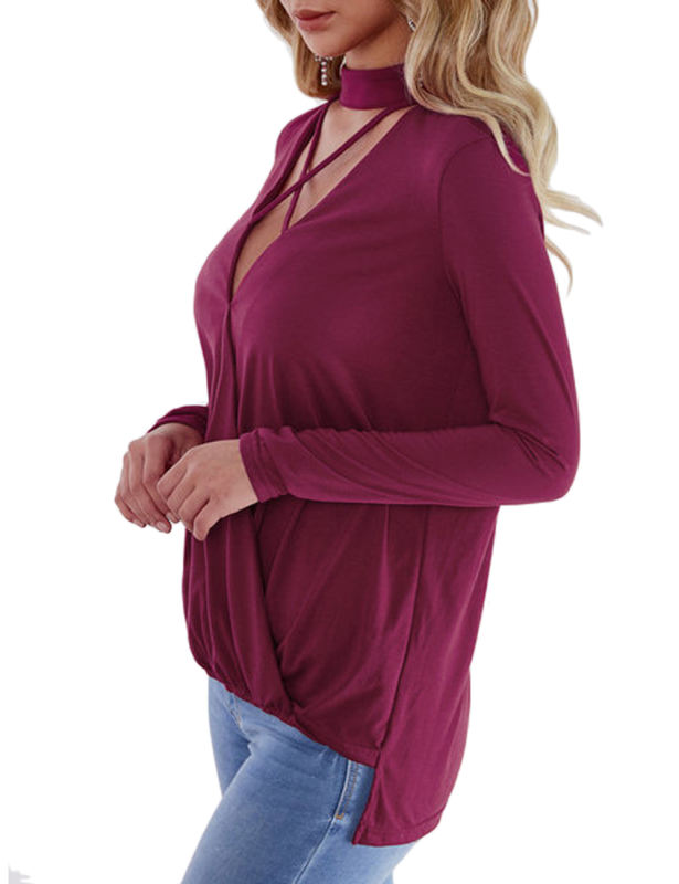 Purple Red Front Criss-cross long sleeve v neck blouse
