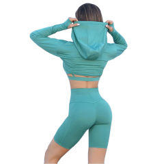 Green 3pcs Yoga Bra Crop Hoodie and Shorts Set TQE91365-9