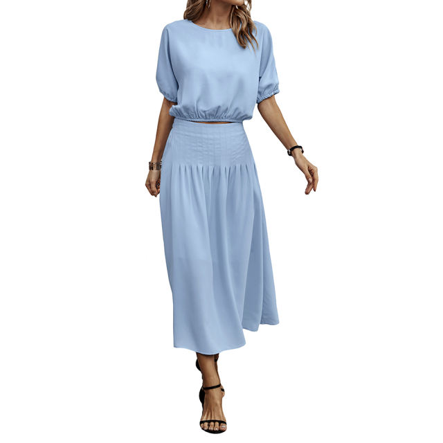 Light Blue Pleated Crop Top with Skirt Set TQX711094-30