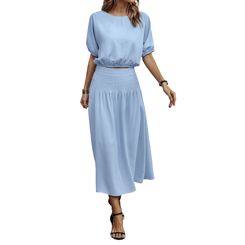 Light Blue Pleated Crop Top with Skirt Set TQX711094-30