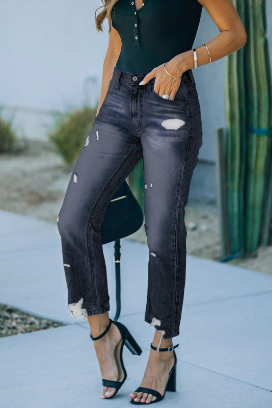 Black Medium Wash High Rise Straight Leg Jeans LC782294-2