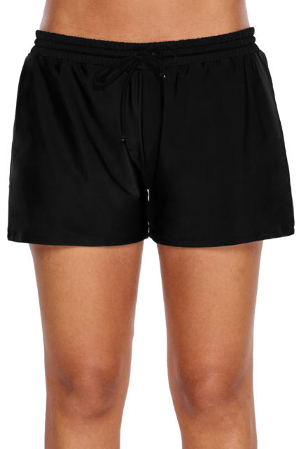 Black Elastic Drawstring Swim Shorts For Women