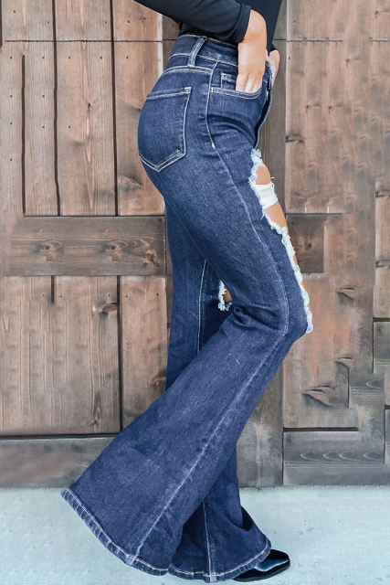 Blue High Waist Distressed Bell Jeans LC782479-5