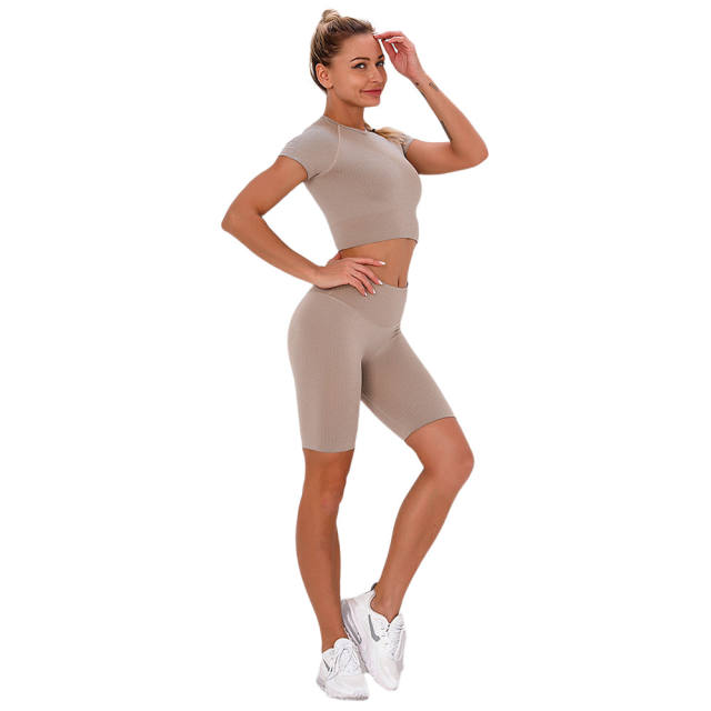 Wood Brown Seamless Short Sleeve Yoga Sports Set TQE00138-213