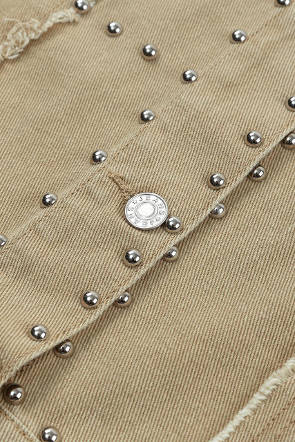 Khaki Frayed Trim Rivet Denim Jacket LC788104-16