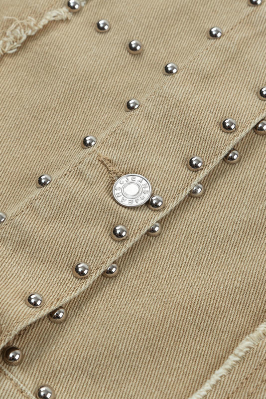 Khaki Frayed Trim Rivet Denim Jacket LC788104-16