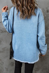 Sky Blue Rhinestone Pearls Denim Shacket LC788118-4