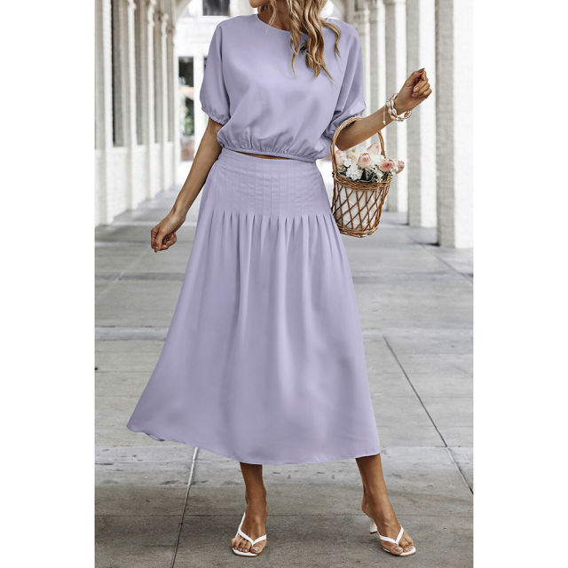 Light Purple Pleated Crop Top with Skirt Set TQX711094-38