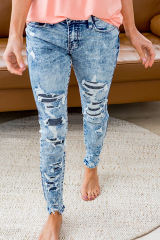 Sky Blue Striped Patchwork Distressed Slim-fit Jeans LC782249-4