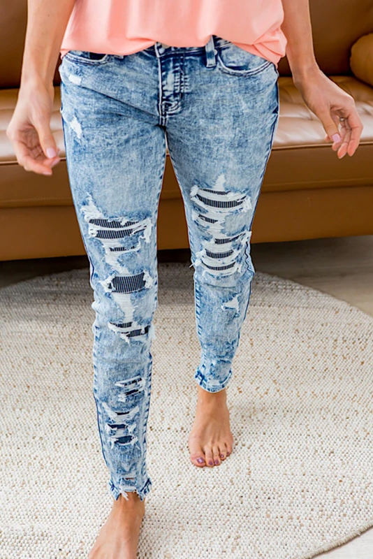 Sky Blue Striped Patchwork Distressed Slim-fit Jeans LC782249-4
