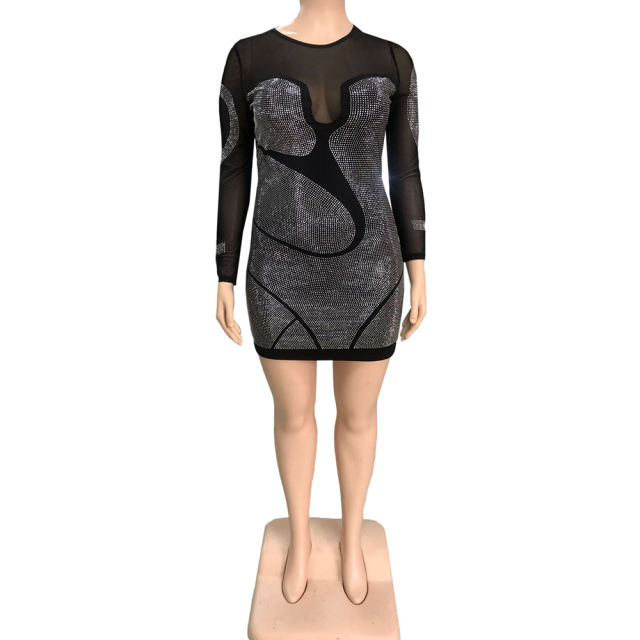 Black Mesh Rhinestone Long Sleeve Plus Size Dress TQK310440-2