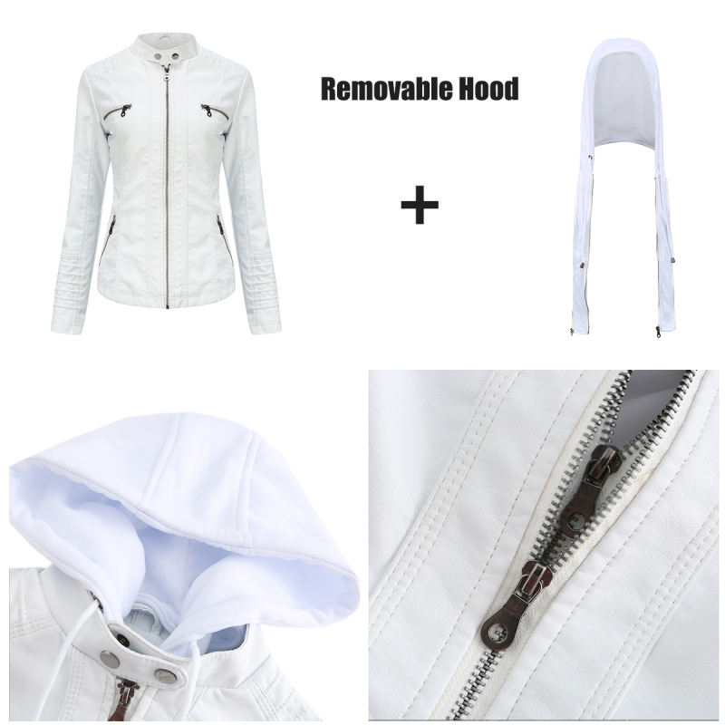 White Removable Hooded Washed PU Leather Jacket TQK280096-1