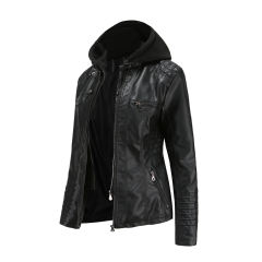Black Removable Hooded Washed PU Leather Jacket TQK280096-2