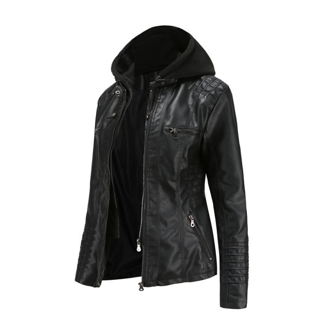 Black Removable Hooded Washed PU Leather Jacket TQK280096-2