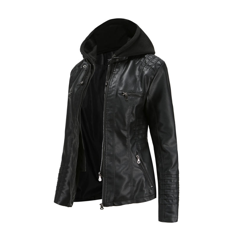Black Removable Hooded Washed PU Leather Jacket TQK280096-2