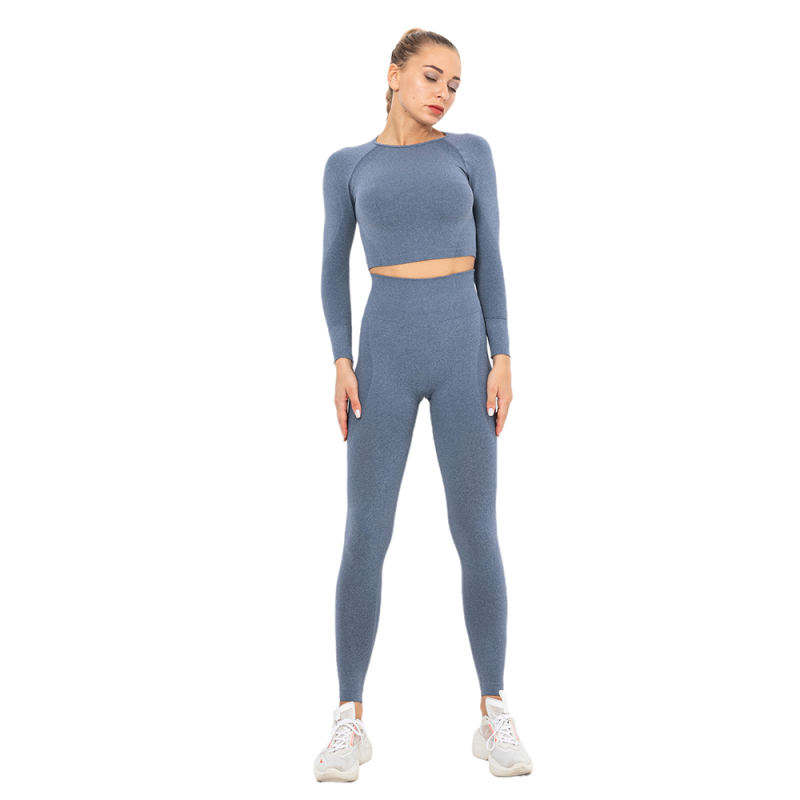 Navy Blue Seamless Long Sleeve Yoga Sports Set TQE00135-34