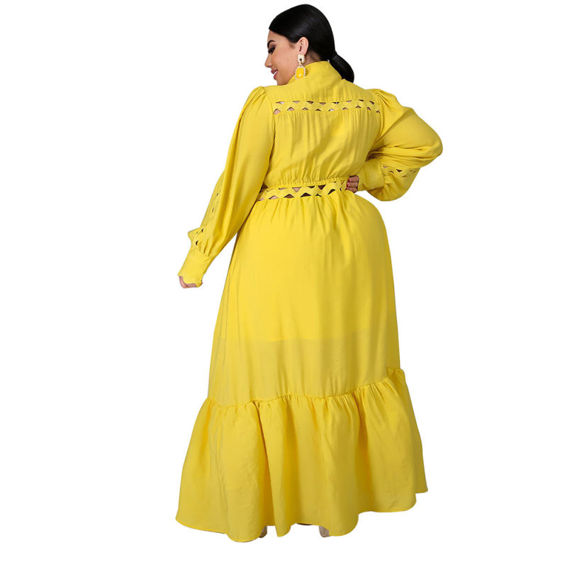 Solid Yellow Button Down Plus Size Dress TQK310446-7