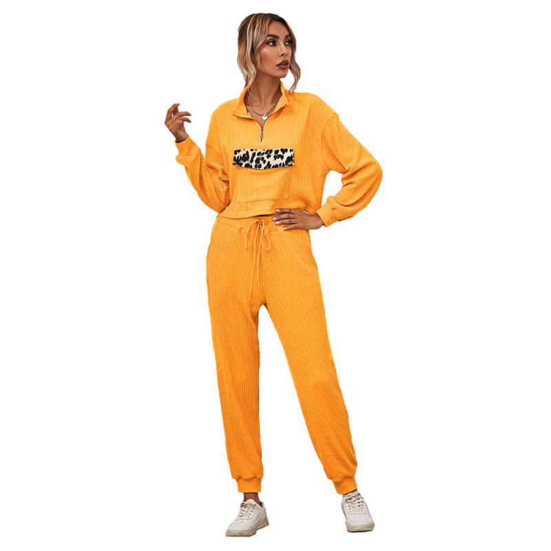 Yellow Zipper Up Leopard Detail Sweatshirt with Pant Set TQK710222-7