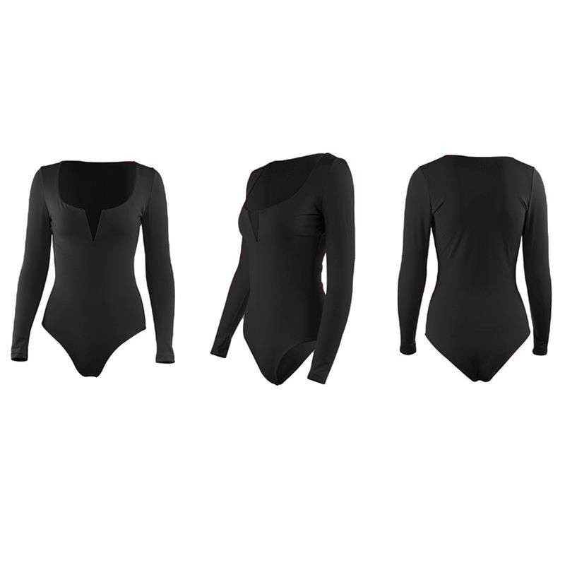 Black Deep V Long Sleeve Bodysuit TQK550156-2