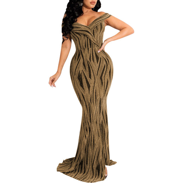 Gold Shiner V-Neck Fishtail Evening Dress TQK311174-12