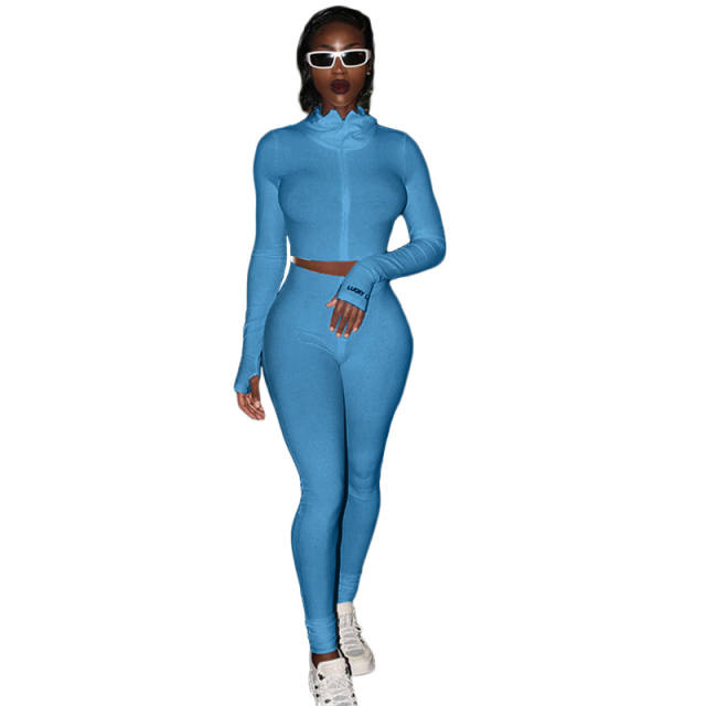 Blue Cotton Blend Zipper Datail Long Sleeve Top with Pant Set TQK710132-5