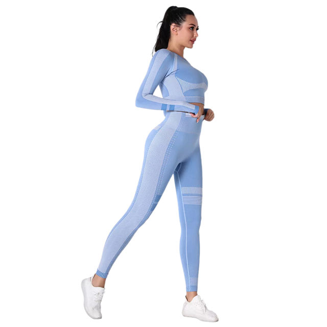 Light Blue Seamless Knit Long Sleeve Pant Yoga Set TQE91372-30