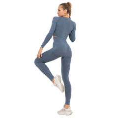 Navy Blue Seamless Long Sleeve Yoga Sports Set TQE00135-34