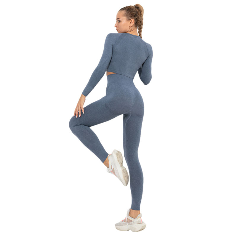Navy Blue Seamless Long Sleeve Yoga Sports Set TQE00135-34